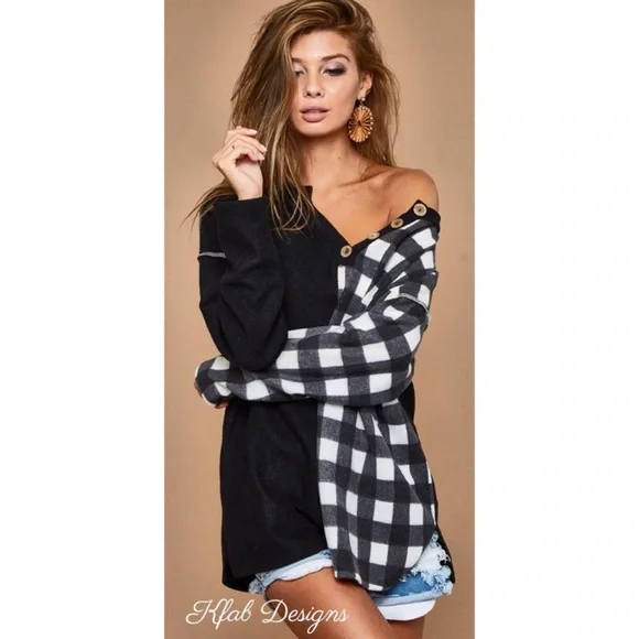 BiBi V-Neck Brushed Knit Dropped Shoulder Plaid Color Block PulloverTop Black - Picture 8 of 16